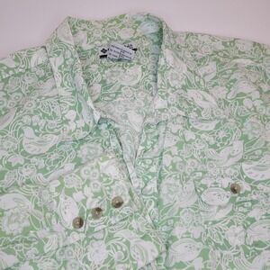 Columbia Button Shirt Womens 2X Green Floral Bird Print Cotton AW7029 Excellent